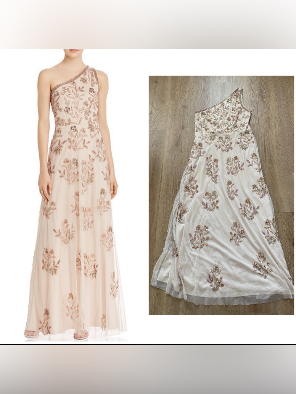 Adrianna Papell One-Shoulder Blush Pink Floral Sequins Maxi Dress Gown